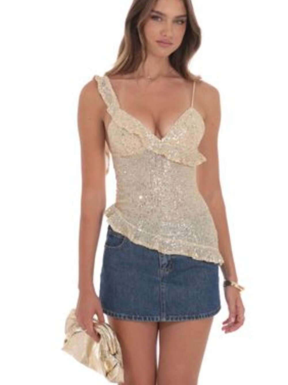 Lucy in the Sky Asymmetrical Sequin Ruffle Top in Gold Size Medium
